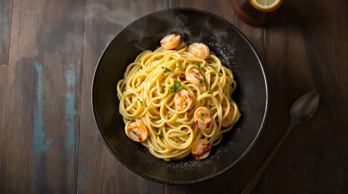Linguine aux poireaux, crème onctueuse et crevettes vraiment gourmandes